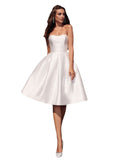 Reception Little White Dresses Wedding Dresses A-Line Sweetheart Strapless Knee Length Satin Bridal Gowns With Solid Color