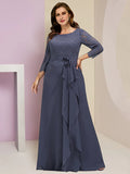 Plus Size Curve Mother of the Bride Dress Wedding Guest Party Elegant Scoop Neck Floor Length Chiffon Lace 3/4 Length Sleeve with Ruffles Appliques