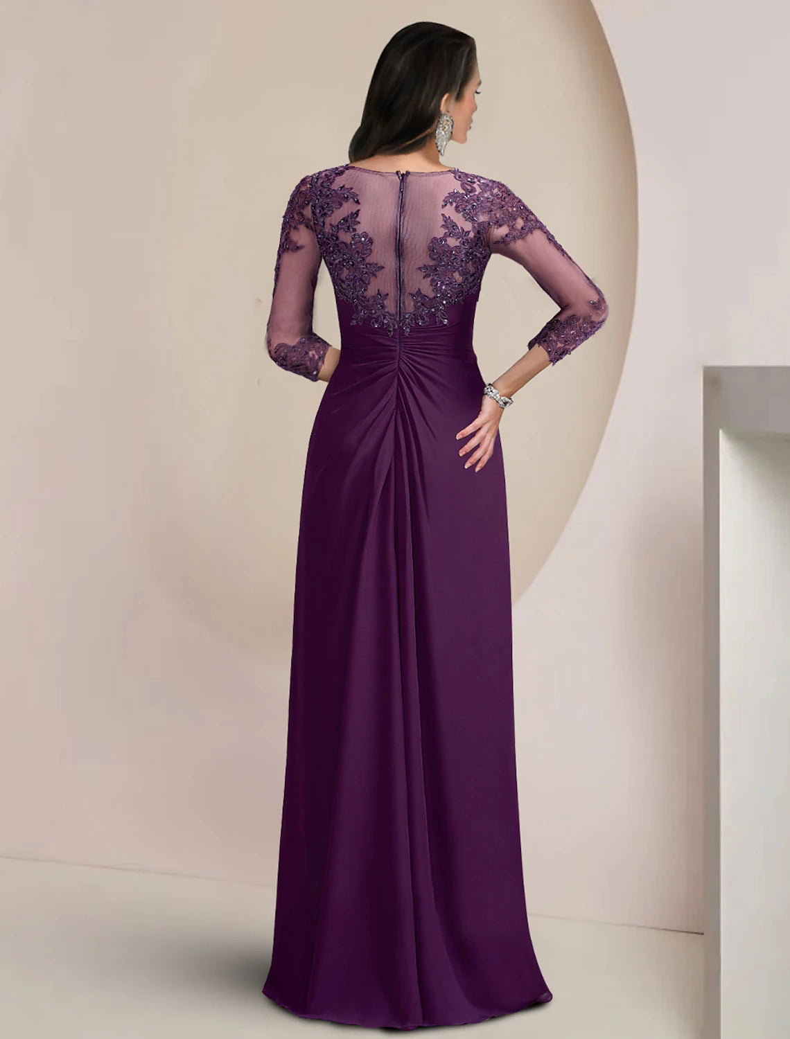 Sheath / Column Mother of the Bride Dress Formal Party Plus Size Hide Belly Elegant Square Neck Sweep / Brush Train Stretch Fabric Half Sleeve with Lace Pleats
