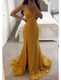 Mermaid / Trumpet Evening Gown Elegant Dress Formal Prom Sweep / Brush Train Sleeveless Spaghetti Strap Sequined with Glitter Slit