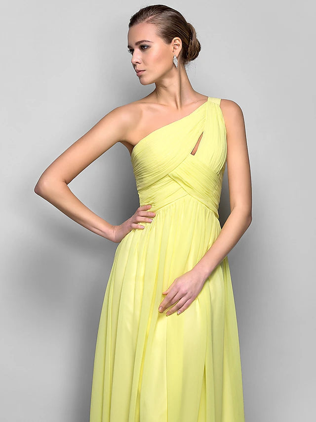Sheath / Column Minimalist Dress Holiday Sweep / Brush Train Sleeveless One Shoulder Georgette with Criss Cross Ruched