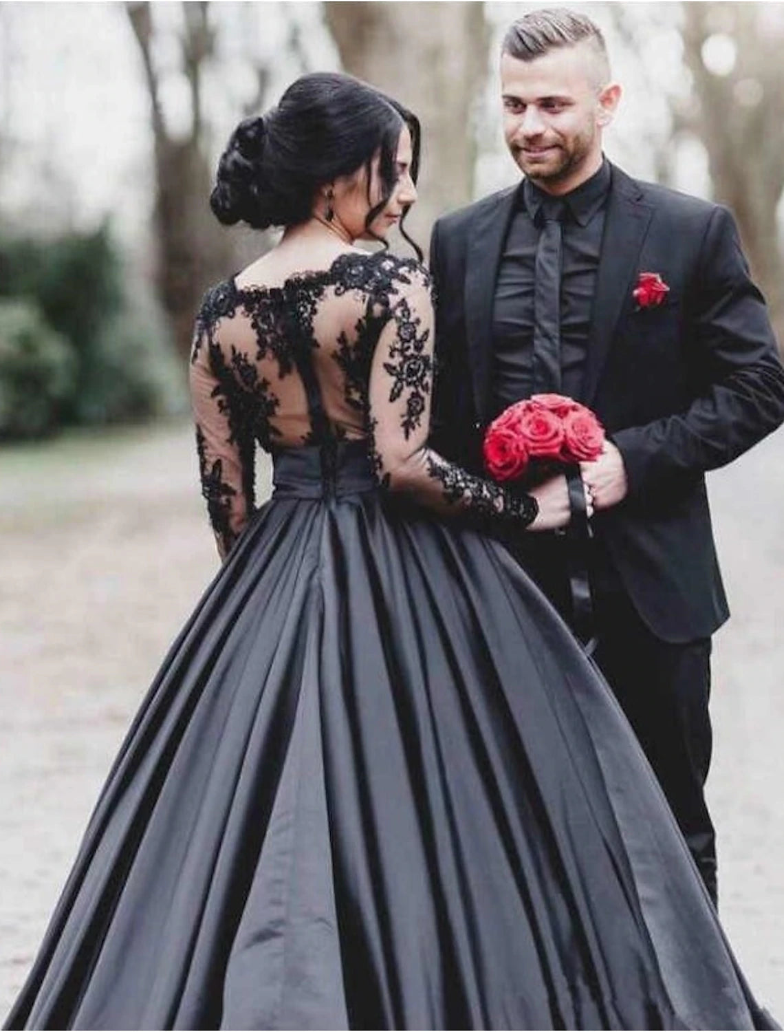 Engagement Gothic Wedding Dresses A-Line Illusion Neck Long Sleeve Floor Length Satin Bridal Gowns With Draping Appliques
