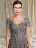 A-Line Mother of the Bride Dress Elegant V Neck Tea Length Chiffon Lace Short Sleeve with Pleats Appliques