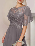 A-Line Mother of the Bride Dress Formal Fall Wedding Guest Elegant Scoop Neck Asymmetrical Tea Length Chiffon Lace Half Sleeve with Beading Appliques
