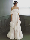 Beach Wedding Dresses A-Line Off Shoulder Cap Sleeve Sweep / Brush Train Tulle Bridal Gowns With Ruffles