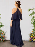 A-Line Bridesmaid Dress Halter Neck Sleeveless Elegant Floor Length Chiffon with Ruffles