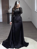 Mermaid / Trumpet Evening Gown Sparkle & Shine Dress Carnival Masquerade Floor Length Long Sleeve Illusion Neck Fall Wedding Reception Satin with Pearls Overskirt