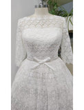 Reception Little White Dresses Wedding Dresses A-Line Scoop Neck 3/4 Length Sleeve Knee Length Lace Bridal Gowns With Sashes / Ribbons Appliques