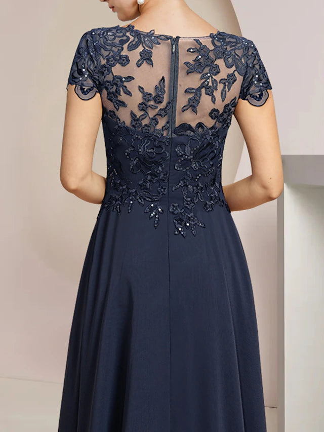A-Line Mother of the Bride Dress Formal Wedding Guest Elegant High Low Scoop Neck Asymmetrical Tea Length Chiffon Lace Short Sleeve with Sequin Appliques
