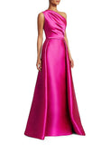 Sheath Red Green Dress Evening Gown Hot Pink Dress Wedding Guest Floor Length Sleeveless One Shoulder Satin with Overskirt Pure Color