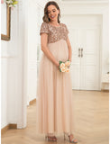 A-Line Party Dresses Maternity Dress Party Wear Ankle Length Short Sleeve Jewel Neck Tulle with Sequin