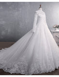 Engagement Formal Wedding Dresses Ball Gown High Neck Long Sleeve Court Train Lace Bridal Gowns With Appliques