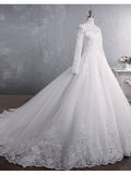 Engagement Formal Wedding Dresses Court Train Ball Gown Long Sleeve High Neck Lace With Appliques