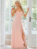 A-Line Wedding Guest Dresses Casual Dress Party Wear Floor Length Sleeveless Spaghetti Strap Chiffon with Ruffles Slit