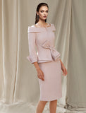 Sheath / Column Mother of the Bride Dress Elegant Sweet Bateau Neck Knee Length Satin 3/4 Length Sleeve with Bow(s)