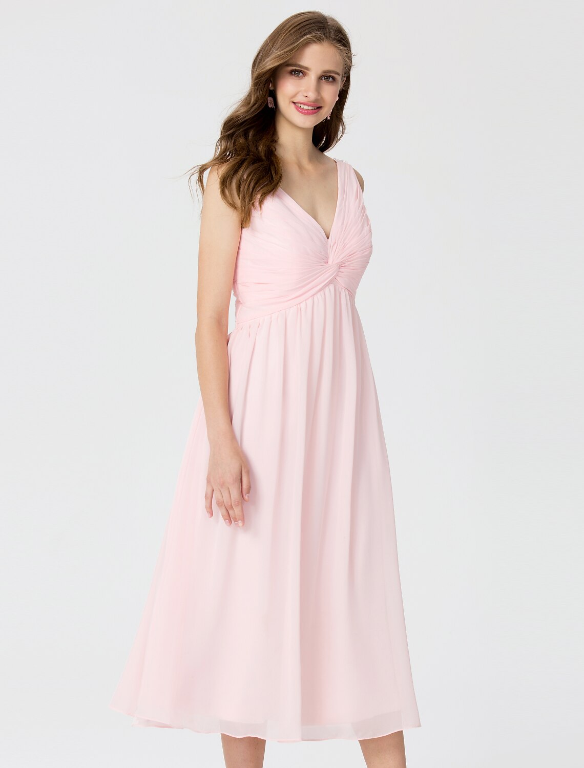 Ball Gown / A-Line V Neck Tea Length Chiffon Bridesmaid Dress with Cri ...