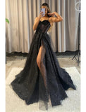 A-Line Prom Dresses Glitter Black Dress Wedding Dresses Formal Gothic Dress Floor Length Sleeveless Sweetheart Spaghetti Tulle with Slit