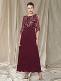 A-Line Mother of the Bride Dress Elegant Jewel Neck Floor Length Chiffon Lace Half Sleeve with Appliques