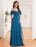 New Off Shoulder A-Line Side Split Sparkle Chiffon Bridesmaid Dress Adjustable Spaghetti Strap Ruffle Plus Size Evening