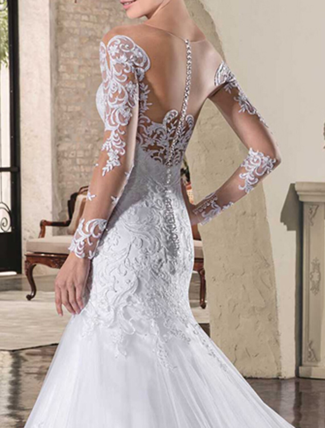 Engagement Open Back Formal Wedding Dresses Mermaid / Trumpet Illusion Neck Long Sleeve Court Train Lace Bridal Gowns With Appliques