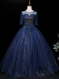 Ball Gown Sparkle Elegant Quinceanera Prom Dress Illusion Neck Half Sleeve Floor Length Tulle with Sequin