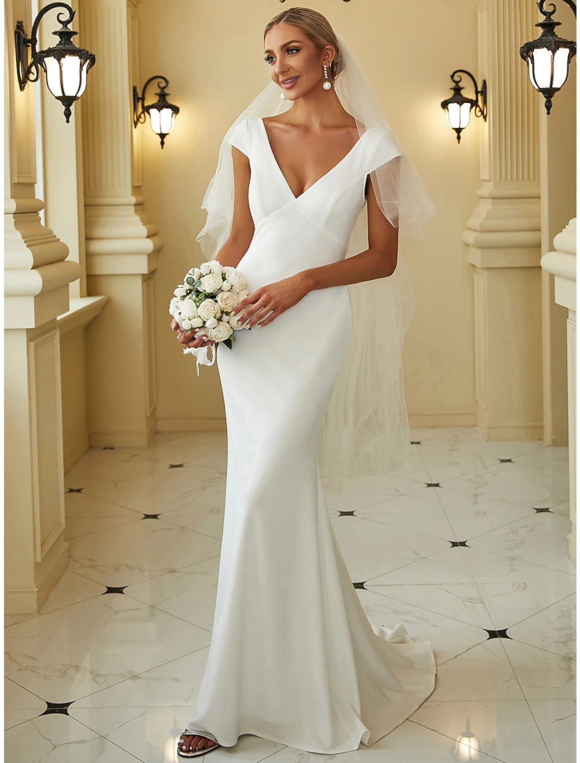 Reception Casual Wedding Dresses Mermaid / Trumpet V Neck Cap Sleeve Sweep / Brush Train Stretch Fabric Bridal Gowns With Draping Solid Color