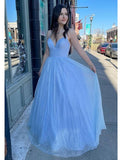 Ball Gown A-Line Prom Dresses Sparkle & Shine Dress Formal Floor Length Sleeveless V Neck Tulle Backless with Pleats