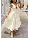 Little White Dresses Wedding Dresses A-Line V Neck Sleeveless Tea Length Satin Bridal Gowns With Ruched Solid Color