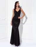 Sheath / Column Elegant Dress Wedding Guest Floor Length Sleeveless V Neck Sequined V Back with Sequin