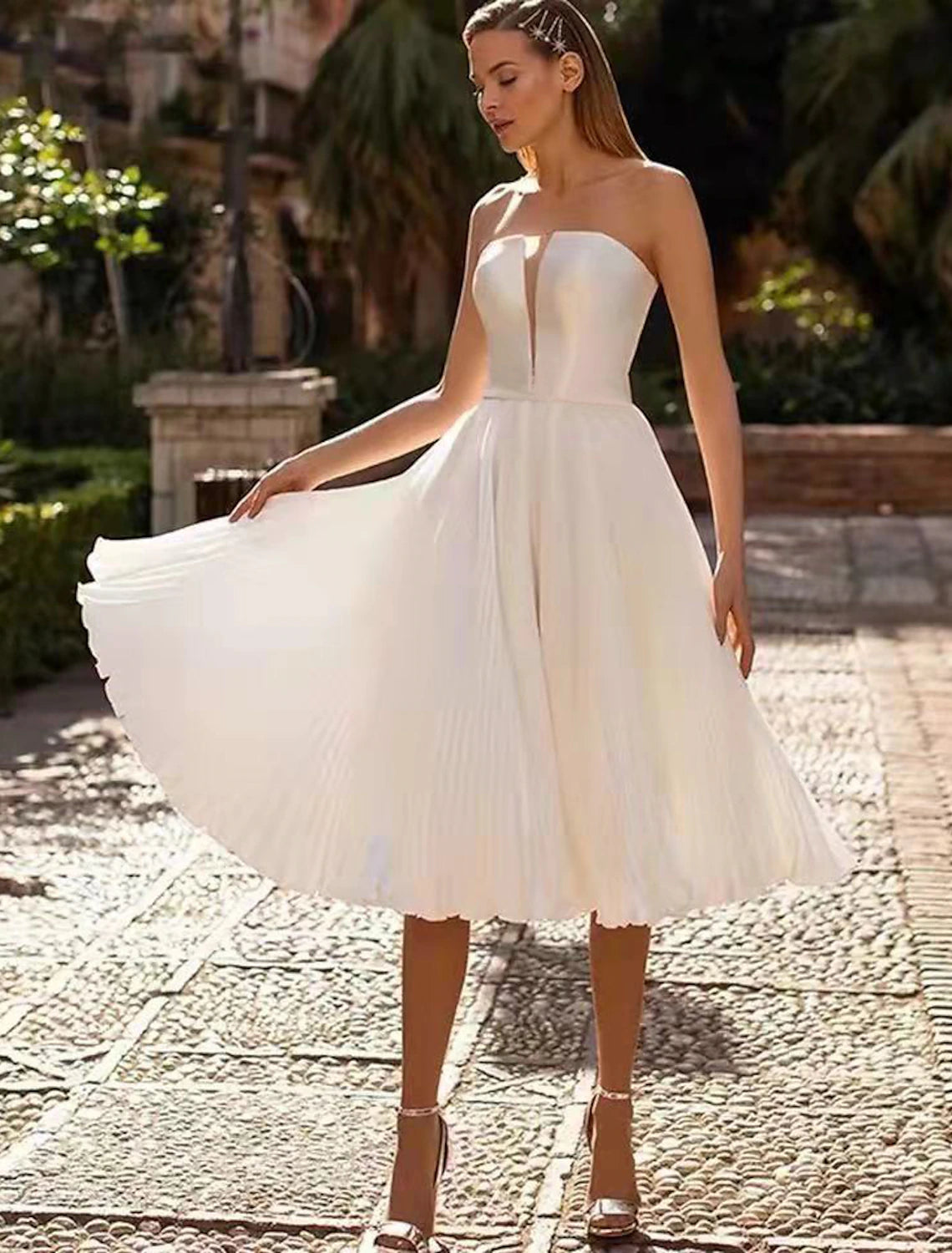 Reception Little White Dresses Wedding Dresses A-Line Sweetheart Strapless Tea Length Satin Bridal Gowns With Sash / Ribbon Solid Color