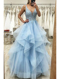 Ball Gown A-Line Prom Dresses Princess Dress Formal Wedding Guest Floor Length Sleeveless V Neck Tulle Backless with Pleats Ruched Appliques