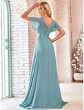 A-Line Evening Gown Empire Dress Wedding Guest Formal Evening Floor Length Short Sleeve V Neck Bridesmaid Dress Chiffon V Back with Ruffles Pure Color