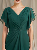 A-Line Mother of the Bride Dress Plus Size Elegant Jewel Neck Ankle Length Chiffon Short Sleeve with Crystals Side-Draped