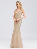 Mermaid / Trumpet Sparkle Sexy Prom Formal Evening Valentine's Day Dress V Neck V Back Sleeveless Floor Length Tulle with Sequin Appliques