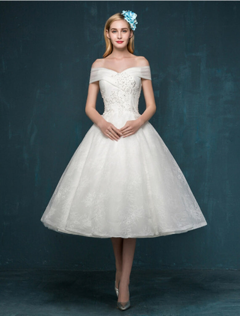 Reception Wedding Dresses Simple Wedding Dresses Ball Gown Off Shoulder Cap Sleeve Tea Length Lace Bridal Gowns With Pleats Appliques Summer Wedding Party