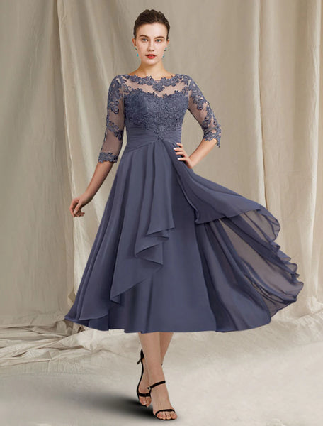 A-Line Mother of the Bride Dress Plus Size Elegant Jewel Neck Tea Leng ...