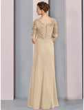 Sheath / Column Mother of the Bride Dress Wedding Guest Elegant Scoop Neck Floor Length Chiffon Half Sleeve with Lace Ruffles Ruching