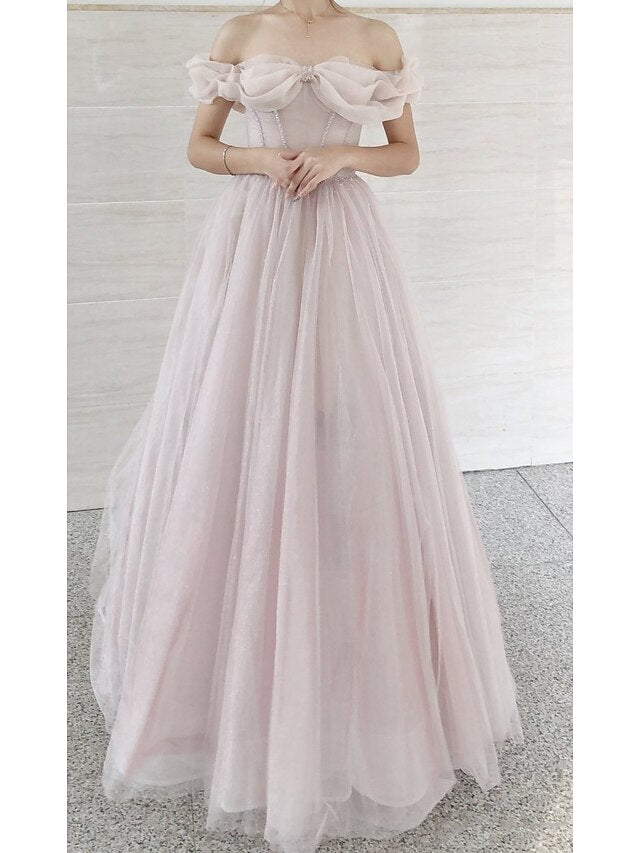 A-Line Prom Dresses Empire Dress Prom Sweep / Brush Train Short Sleeve Sweetheart Tulle with Pleats Beading