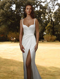 Hall Simple Wedding Dresses Sheath / Column Sweetheart Camisole Spaghetti Strap Court Train Satin Bridal Gowns With Split Front Side-Draped Summer Wedding Party