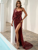 A-Line Evening Gown Sparkle & Shine Dress Formal Wedding Court Train Sleeveless One Shoulder Polyester with Sequin Slit