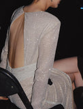 Sheath / Column Homecoming Dresses Sparkle & Shine Dress Party Wear Tea Length Long Sleeve V Neck Sequined with Sequin Slit