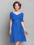 A-Line Mother of the Bride Dress Elegant V Neck Knee Length Chiffon Short Sleeve with Criss Cross Beading Ruffles