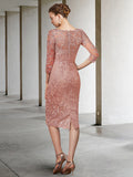 Sheath / Column Mother of the Bride Dress Elegant V Neck Knee Length Chiffon Lace Half Sleeve with Appliques