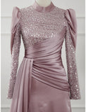 A-Line Evening Gown Elegant Dress Formal Sweep / Brush Train Long Sleeve Jewel Neck Satin with Glitter Pleats Ruched