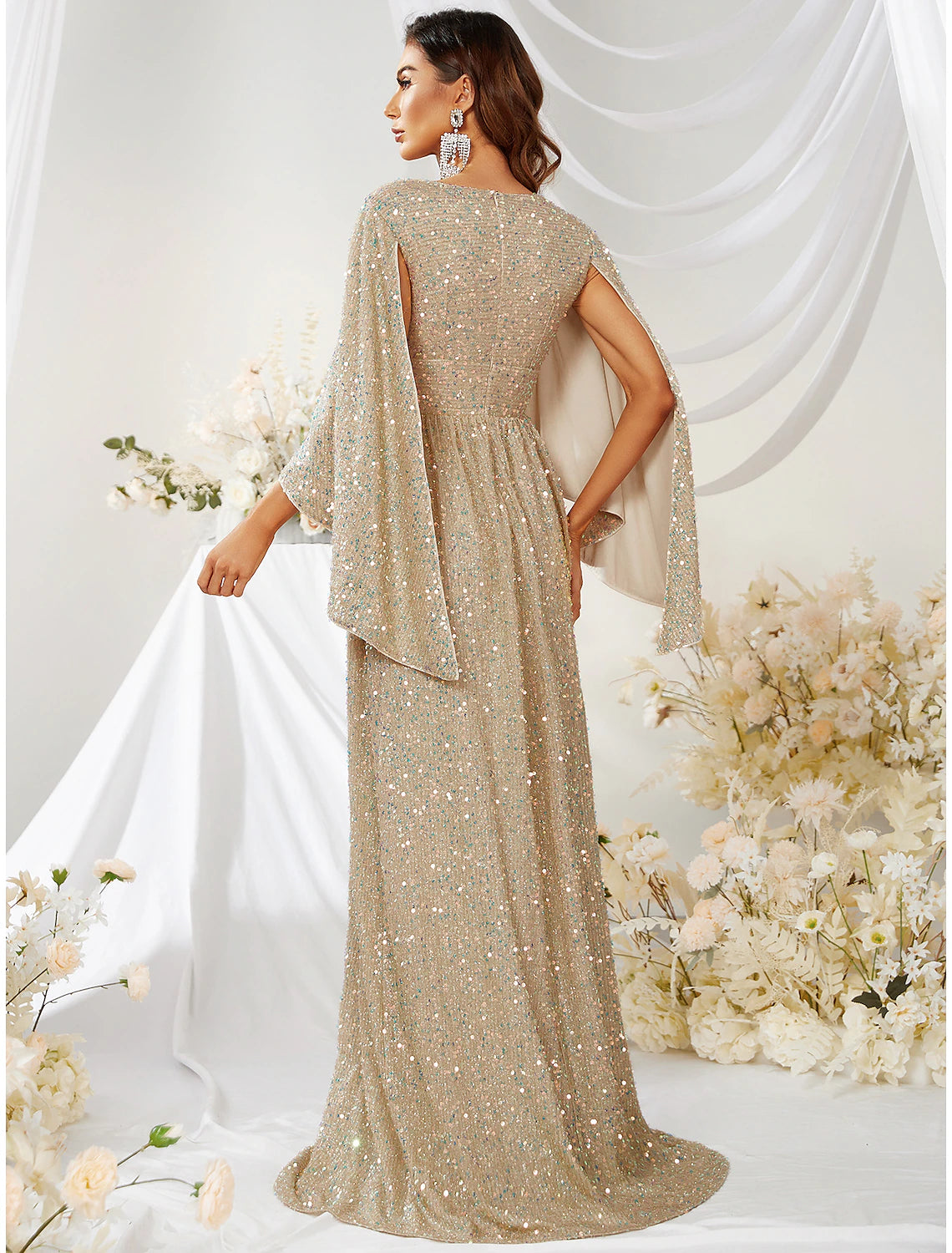 A-Line Evening Gown Sparkle & Shine Dress Formal Sweep / Brush Train Long Sleeve V Neck Capes Polyester with Sequin