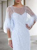 Sheath / Column Mother of the Bride Dress Elegant Sparkle & Shine Jewel Neck Knee Length Stretch Chiffon Half Sleeve with Feather Beading Sequin