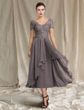 A-Line Mother of the Bride Dress Elegant V Neck Tea Length Chiffon Lace Short Sleeve with Pleats Appliques