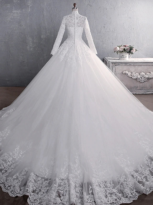 Engagement Formal Wedding Dresses Court Train Ball Gown Long Sleeve High Neck Lace With Appliques