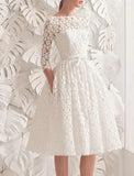 Reception Vintage 1940s / 1950s Simple Wedding Dresses Wedding Dresses A-Line Illusion Neck 3/4 Length Sleeve Tea Length Lace Bridal Gowns With Appliques