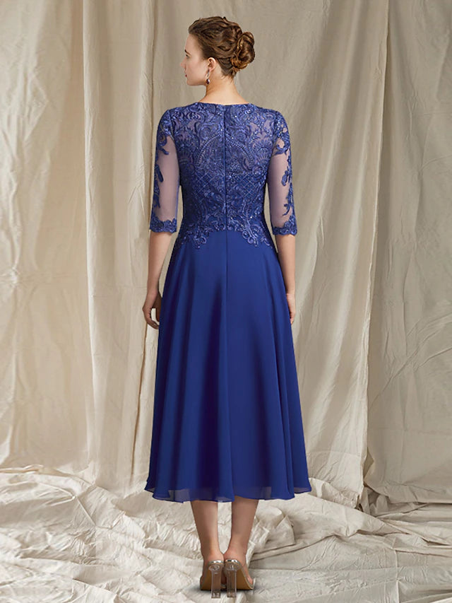 A-Line Mother of the Bride Dress Elegant Jewel Neck Tea Length Chiffon ...